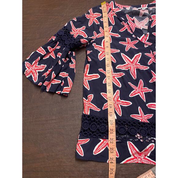 Crown & Ivy Blue Red Lace Panel Inserts Starfish Pattern Tunic Petite Medium - Picture 5 of 6